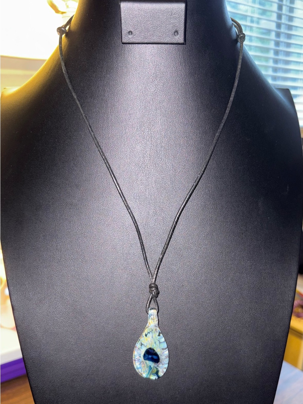 Adjustable Glass Pendant Necklace Artisan Boho Cord Necklace Blue Swirl Pendant